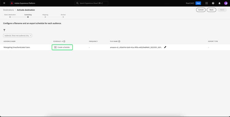Create schedule 단추가 강조 표시되어 있습니다.
