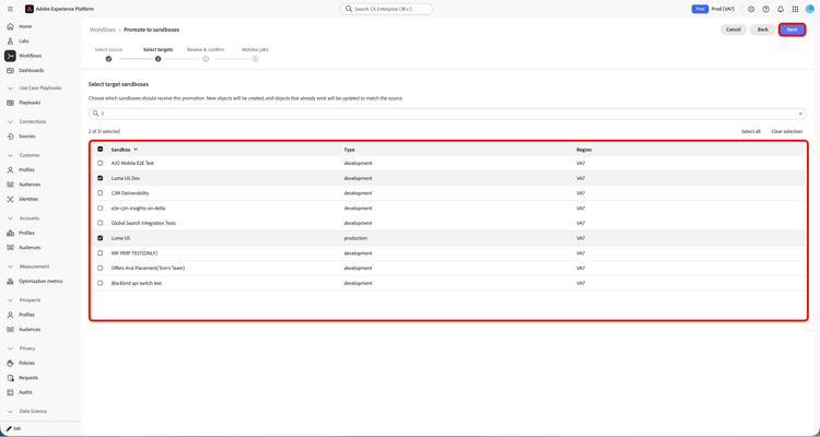 사용 가능한 목록에서 대상 샌드박스를 선택했습니다.