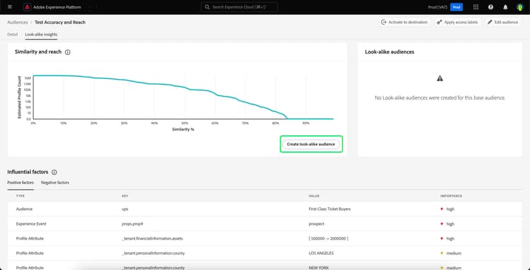 Create look-alike audience 단추가 강조 표시되어 있습니다.