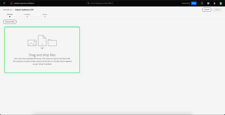 In the Import audience CSV workflow, the Drag and drop files box is highlighted, showing where you can upload your externally generated audience.