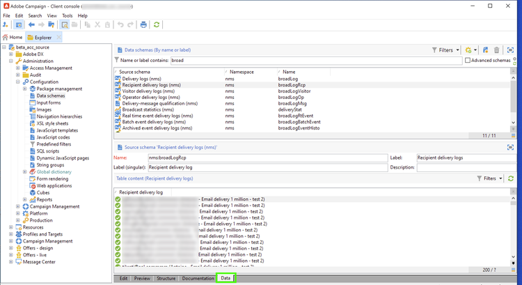 데이터 탭이 선택된 Adobe Campaign v8 클라이언트 콘솔입니다.