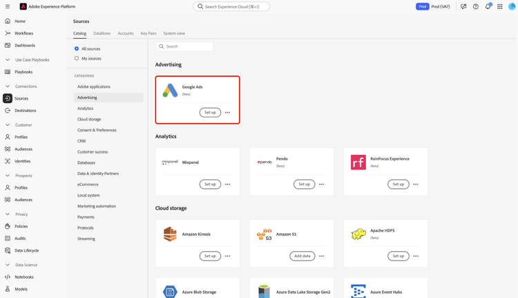 Experience Platform UI의 소스 카탈로그.