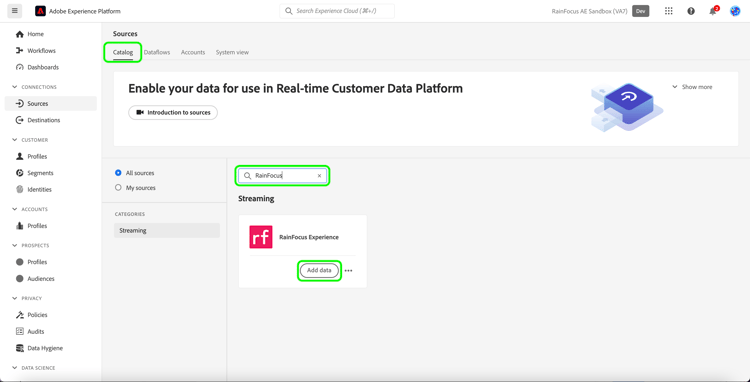 RainFocus 소스가 선택된 Experience Platform UI의 소스 카탈로그입니다.