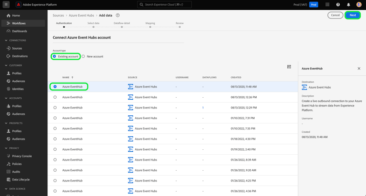 기존 Azure Event Hubs 원본 계정의 목록입니다.