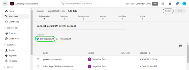 기존 계정과 Connect SugarCRM 이벤트 계정용 플랫폼 UI 스크린샷