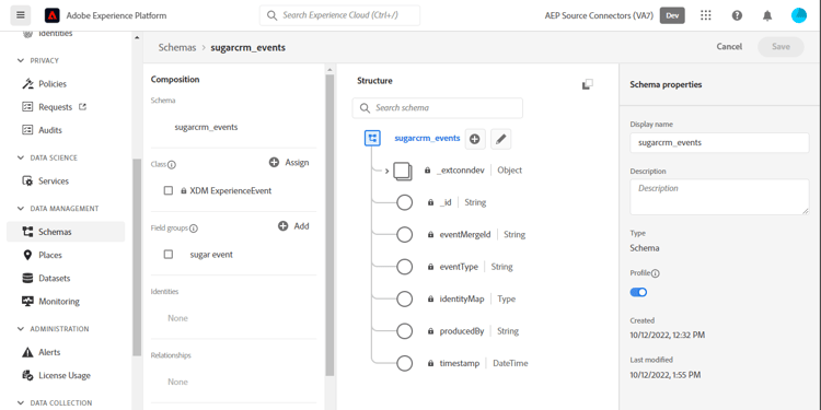 SugarCRM 이벤트에 대한 예제 스키마를 보여 주는 플랫폼 UI 스크린샷