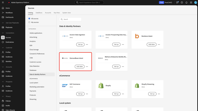 Demandbase Intent 카드가 선택된 소스 카탈로그입니다.