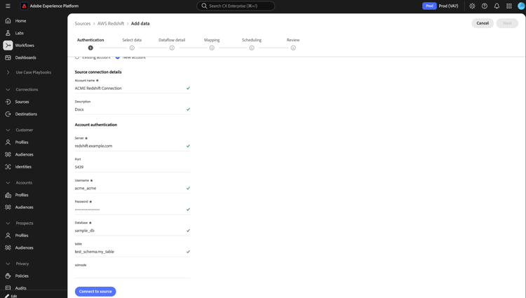 선택적 테이블 필드를 포함하여 Azure의 Amazon Redshift에 대한 새 계정 양식입니다.