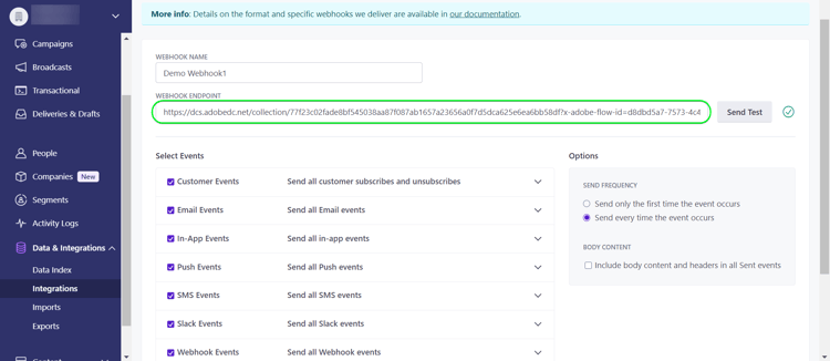 Webhook 끝점 필드를 표시하는 Customer.io 사용자 인터페이스