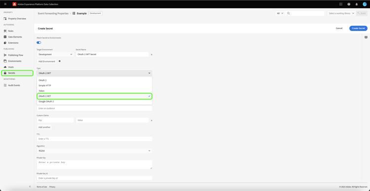 OAuth 2 JWT 비밀이 Type 드롭다운에서 강조 표시된 비밀 만들기 탭입니다.