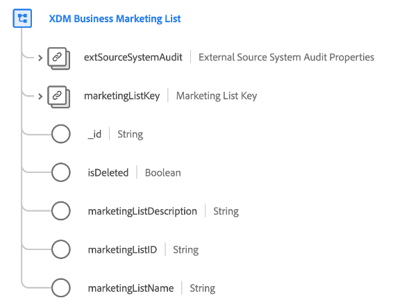 UI에 표시되는 XDM 비즈니스 마케팅 목록 클래스의 구조