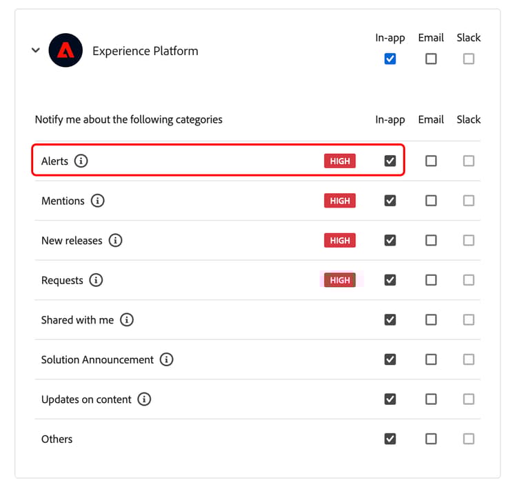 Experience Platform 섹션 내에서 인앱 확인란이 선택됩니다.