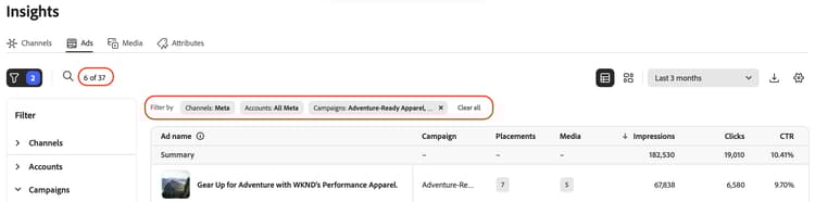 캠페인으로 필터링된 테이블