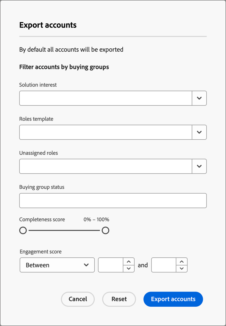 계정 내보내기 | Adobe Journey Optimizer B2B Edition