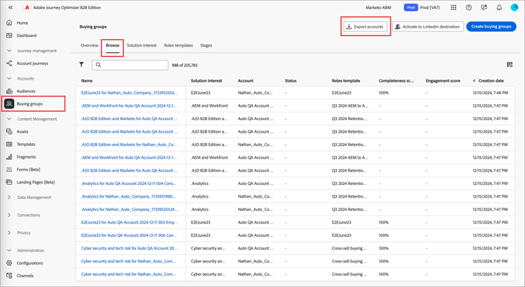 계정 내보내기 | Adobe Journey Optimizer B2B Edition
