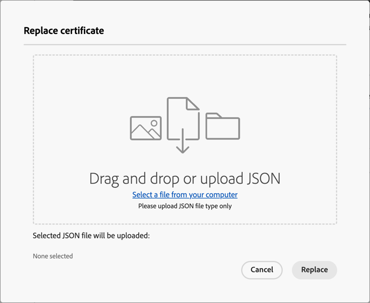 대체 AEM 에셋 저장소 인증서 JSON 파일 업로드