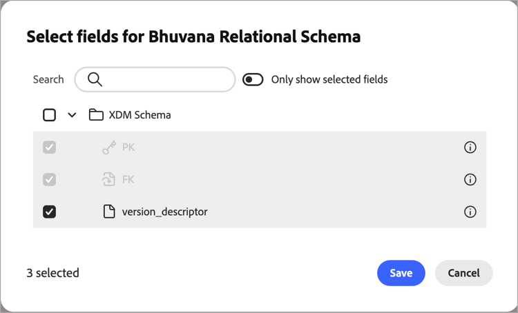 대화 상자에서 관계형 스키마의 필드 선택