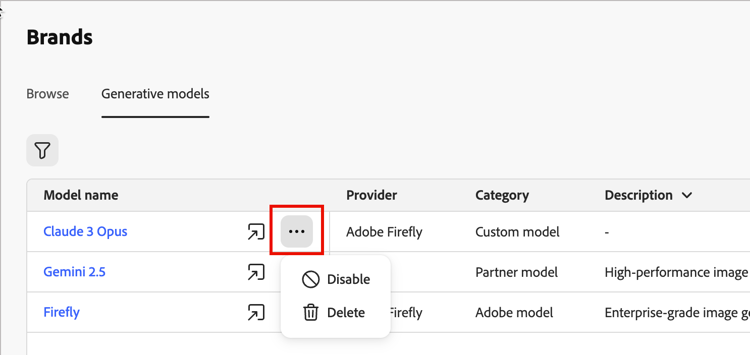 생성 모델 목록의 추가 메뉴