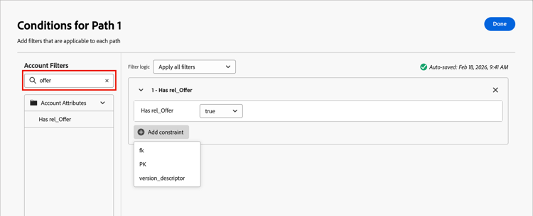 관계형 스키마 사용자 지정 개체에 대한 개인 특성 조건 예시
