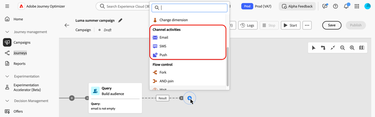 사용 가능한 활동이 있는 캔버스를 보여 주는 이미지