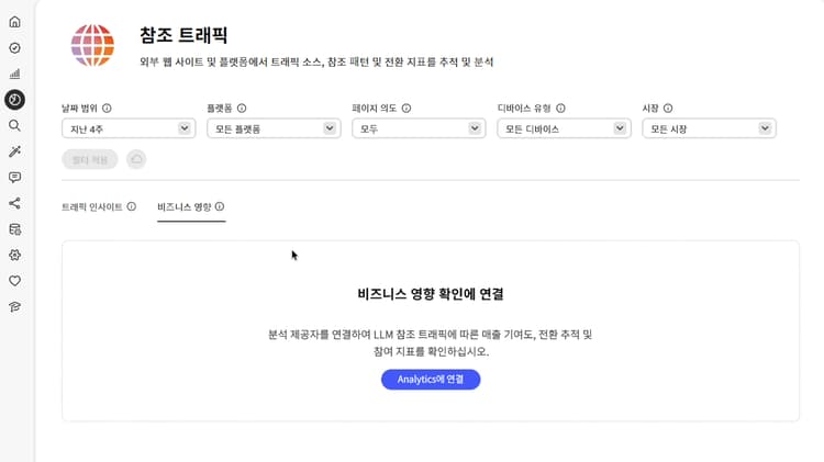 Analytics에 연결 옵션이 표시된 비즈니스 영향 탭