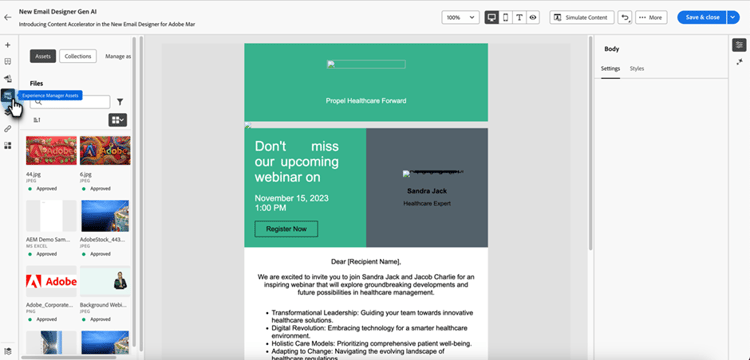 Assets 선택기 아이콘을 클릭하여 이미지 자산에 액세스합니다