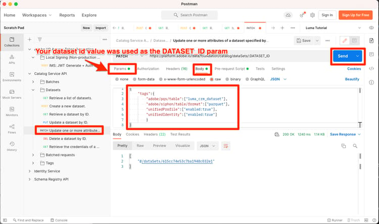 프로필에 대한 CRM 데이터 세트를 사용하도록 설정하여 사용자 지정 데이터 세트 ID를 DATASET_ID 매개 변수로 사용하도록 설정