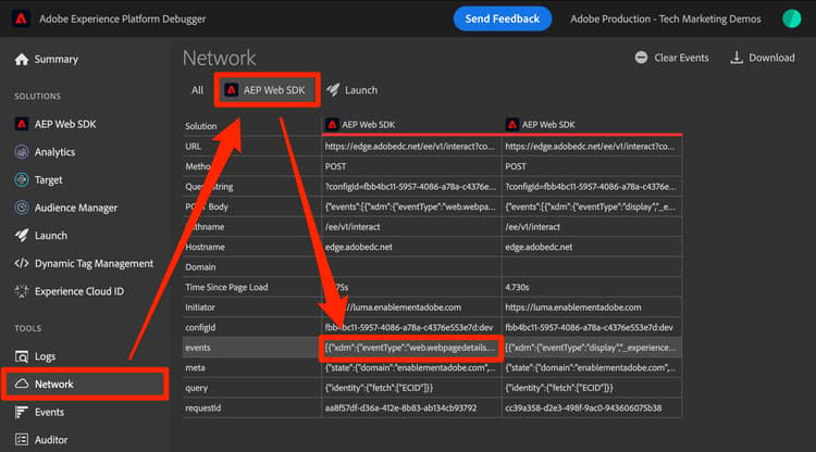 Adobe Experience Platform 디버거의 네트워크 호출