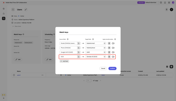 ECID(Demdex ID) 일치 키의 매핑 필드가 강조 표시된 일치 키 대화 상자입니다.