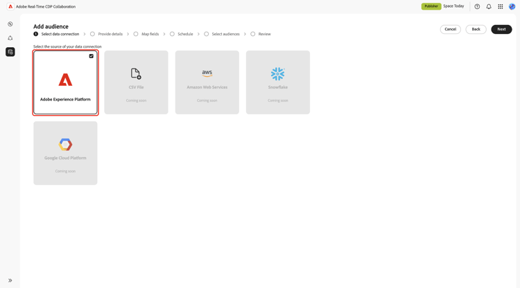 Adobe Experience Platform 옵션이 강조 표시된 대상자 추가 작업 영역입니다.