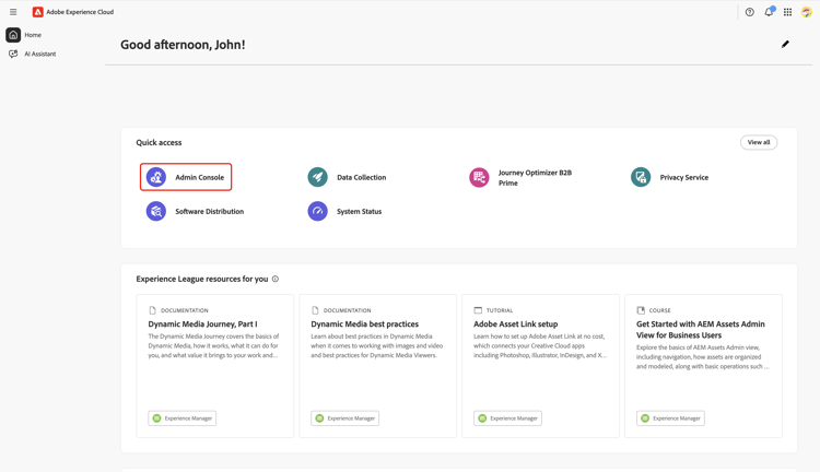 Admin Console이 강조 표시된 Adobe Experience Cloud 홈 페이지.