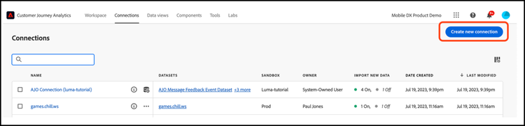 에서 새 연결 링크 만들기 Customer Journey Analytics