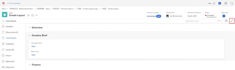 편집 중인 사용자 정의 양식을 보여 주는 작업 세부 정보 창