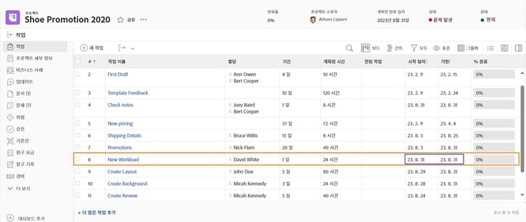 일자가 있는 프로젝트 작업