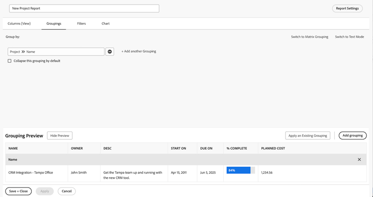 보고서에 그룹화를 추가하는 화면 이미지