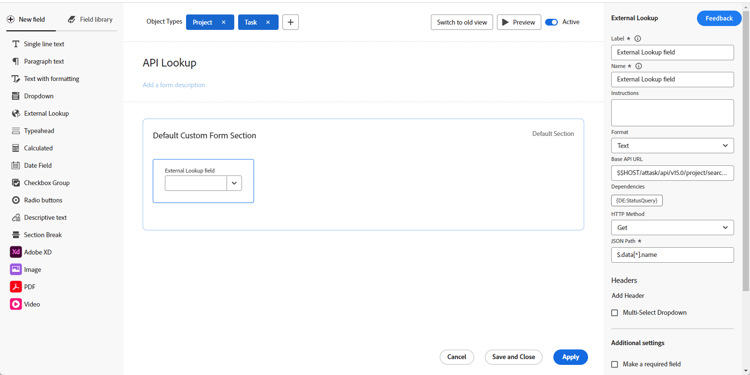 사용자 정의 양식에서 Workfront에 대한 API 호출 설정