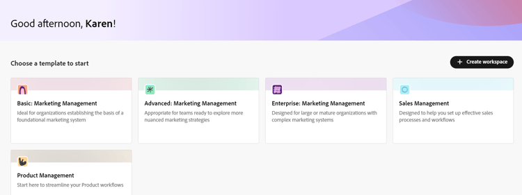 템플릿 썸네일이 있는 작업 영역 페이지