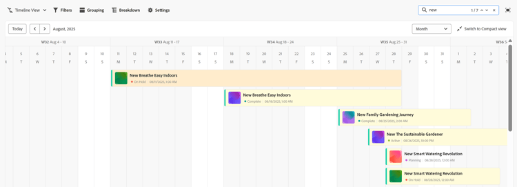 검색 상자 및 결과 타임라인 보기