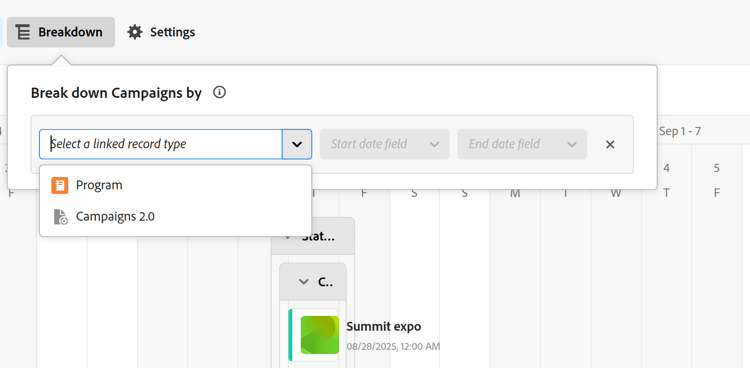 타임라인 보기의 분류 선택 및 단추