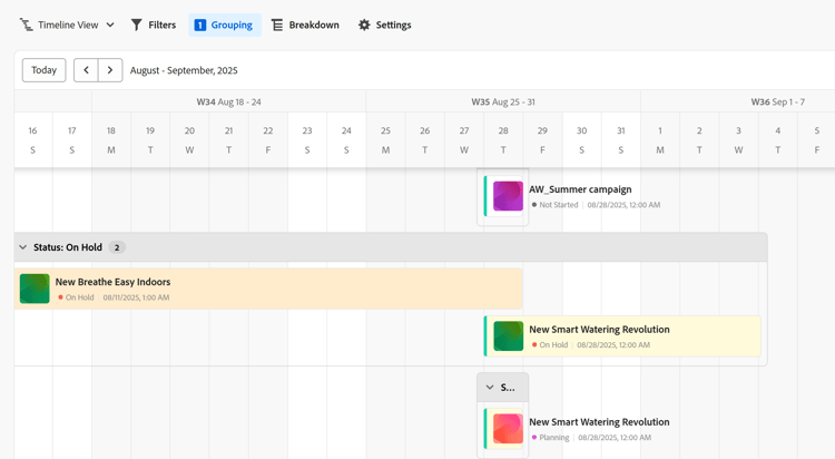 타임라인 보기에서 적용된 그룹화