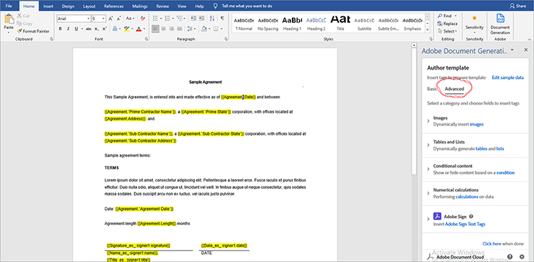 Screenshot van het tabblad Geavanceerd van de Adobe-tagger voor documentgeneratie