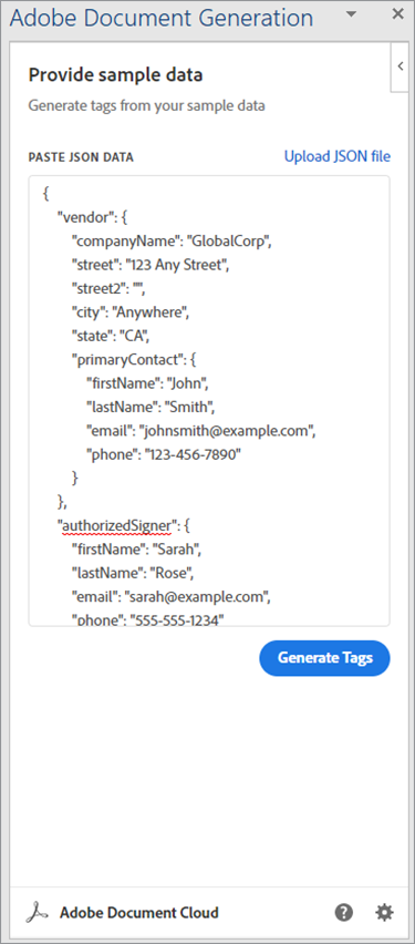 Screenshot van voorbeeldgegevens in Document Generation add-in