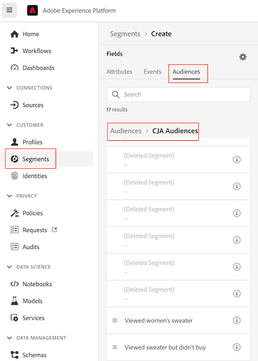 UI van het Platform van de Adobe Expericen benadrukt Segmenten in de linkerruit en publiek CJA in het belangrijkste paneel.