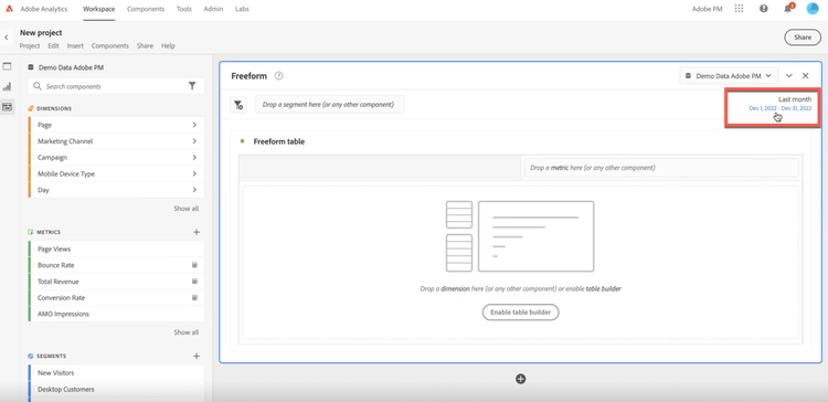 Vrije-vormtabel met relatieve datums gemarkeerd en met vorige maand gemarkeerd.