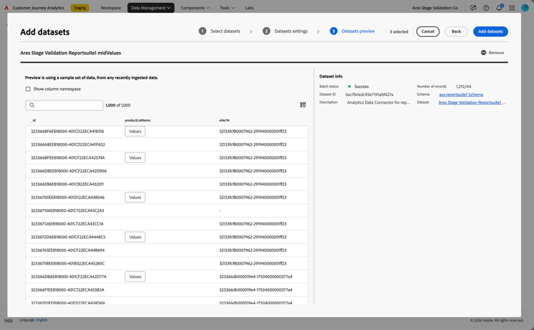 Voorproef van een dataset terwijl het toevoegen van datasets als deel van een verbinding