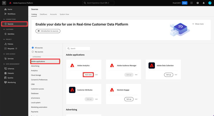 Adobe Experience Platform-venster met bronnen geselecteerd samen met Adobe-toepassingen en Gegevens toevoegen gemarkeerd.