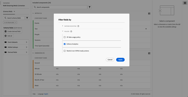 Filter bevat componenten op lijst met de optie Gebruiksanalyses beperken en op gebruiker gebaseerde metingen geselecteerd