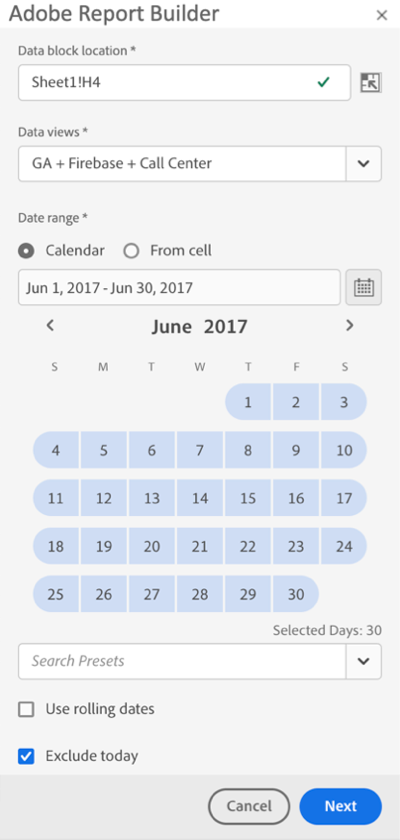 Het venster met het datumbereik van de Report Builder waarin de kalender, de einddatum en de geselecteerde begindatum worden weergegeven.