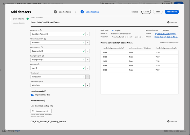 B2B verbinding - voeg gebeurtenisdataset