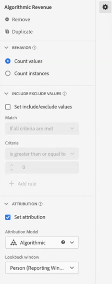 Algorithmic Revenue with Count values selected under Behavior list.